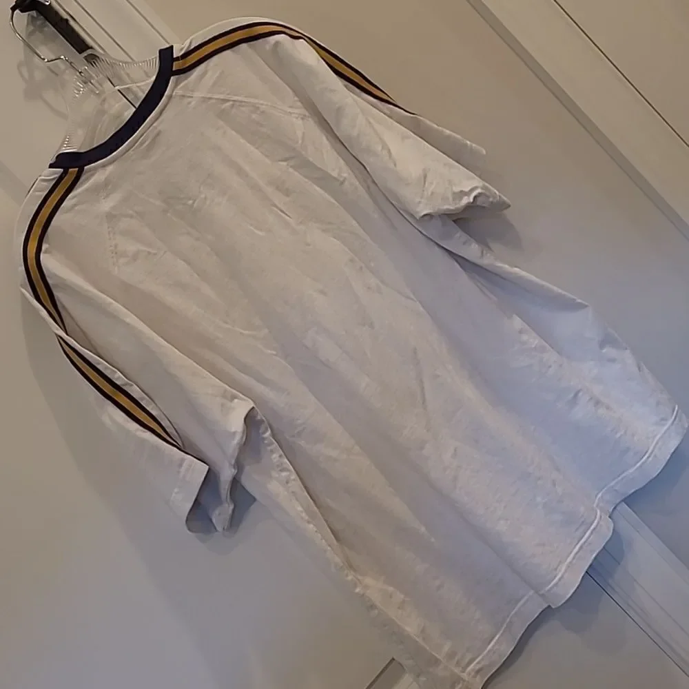 OCI Relaxed White Cotton Shirt with Blue and Yellow on arms